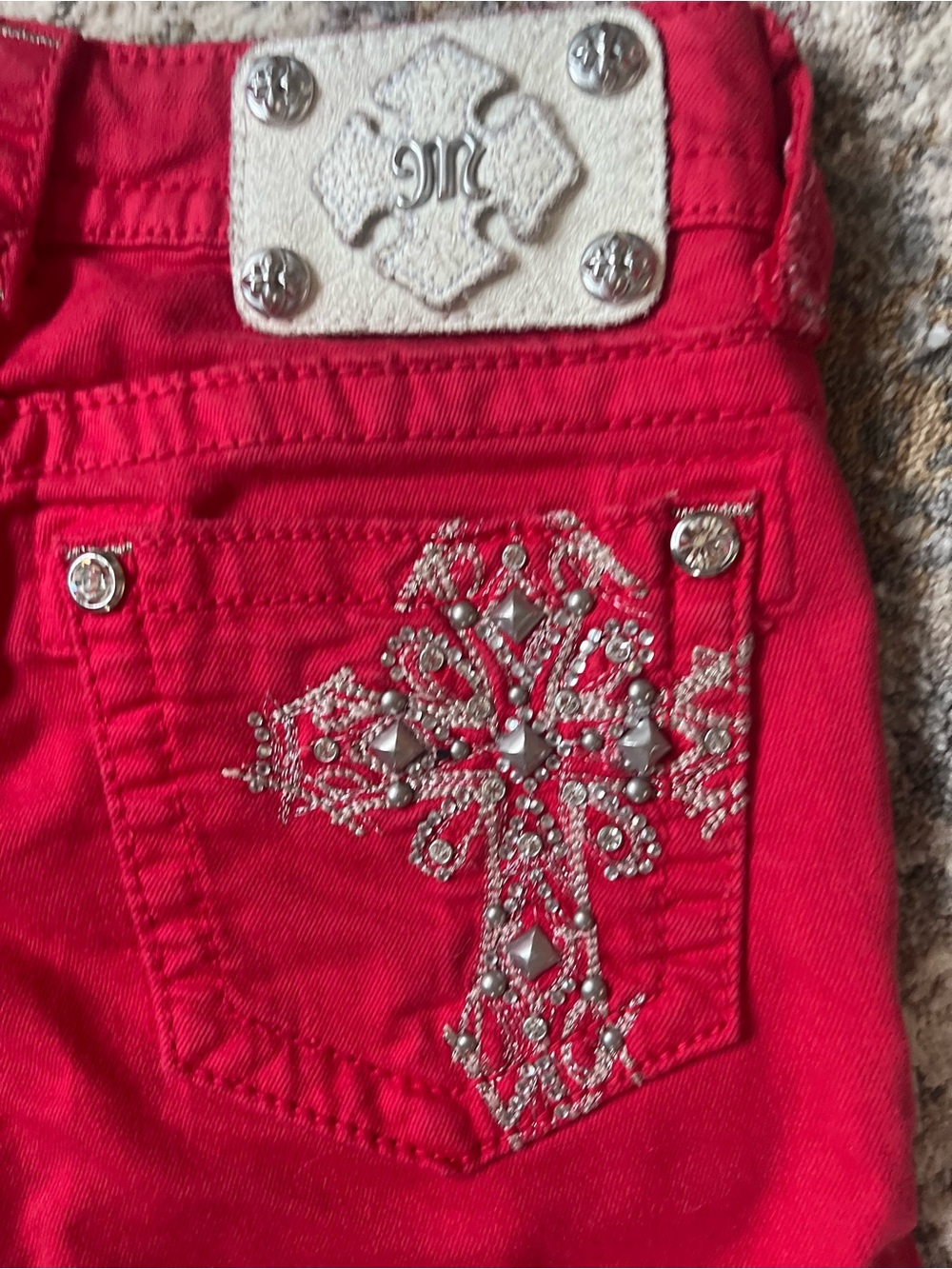 Miss Me Red Jeans with Silver Rhinestone Cross Accent